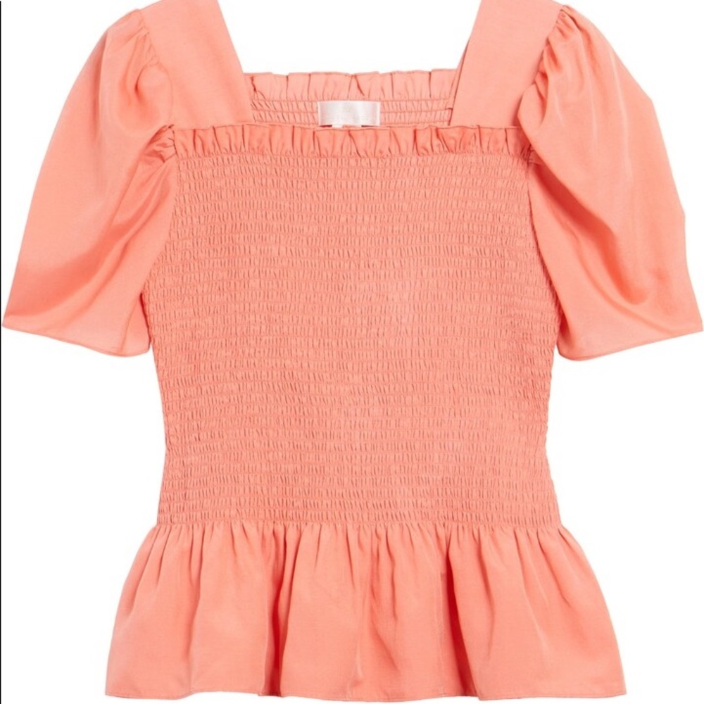 RP Rachel Parcell Square Neck Smocked Top Blouse Pink Short Puff Sleeve Small XS